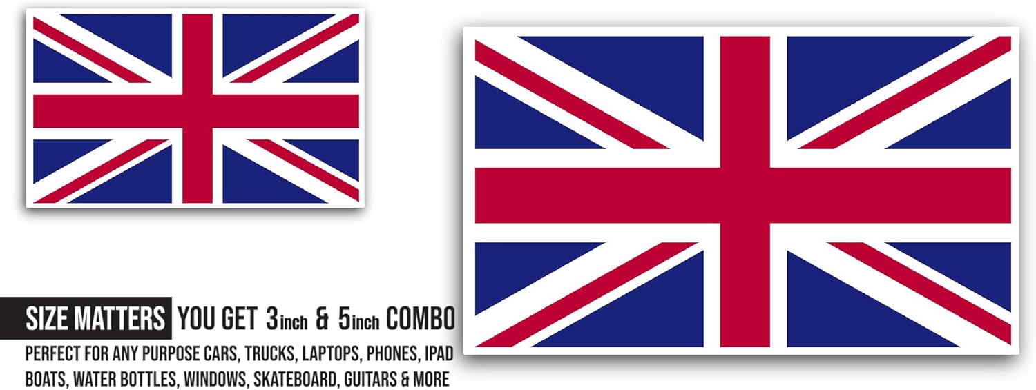 2 (Pieces) 3" and 5" United Kingdom Flag Sticker, Waterproof Vinyl Decals for Many Purpose Like Cars, Trucks, Laptops, Phones, Windows and More