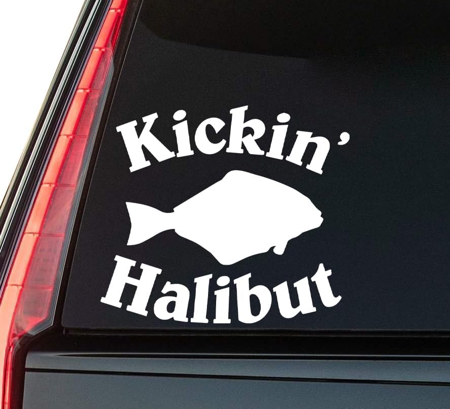 Kickin Halibut Window Vinyl Decal Sticker 6" (White), Waterproof Vinyl Decals for Many Purpose Like Cars, Trucks, Laptops, Phones, Windows and More