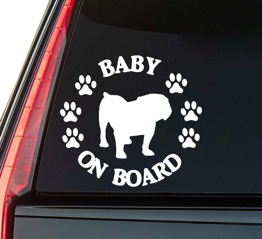 Baby Bulldog 0n Board Window Vinyl Decal Sticker 6" (White), Waterproof Vinyl Decals for Many Purpose Like Cars, Trucks, Laptops, Phones, Windows and More
