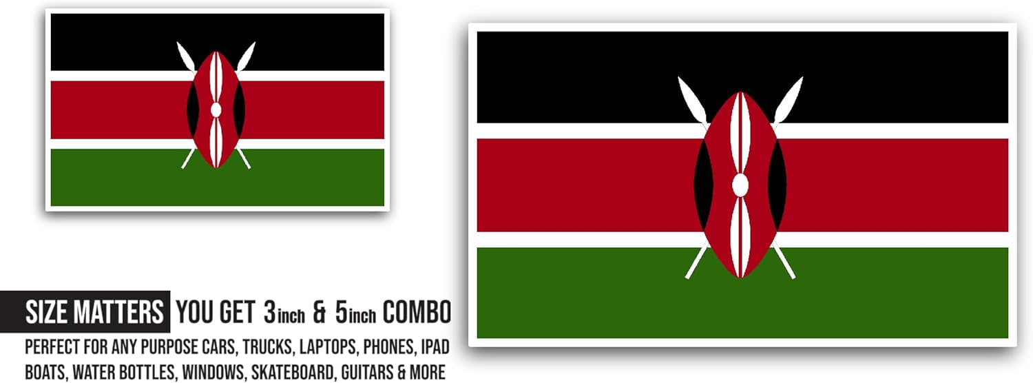 2 (Pieces) 3" and 5" Kenya Flag Sticker, Waterproof Vinyl Decals for Many Purpose Like Cars, Trucks, Laptops, Phones, Windows and More
