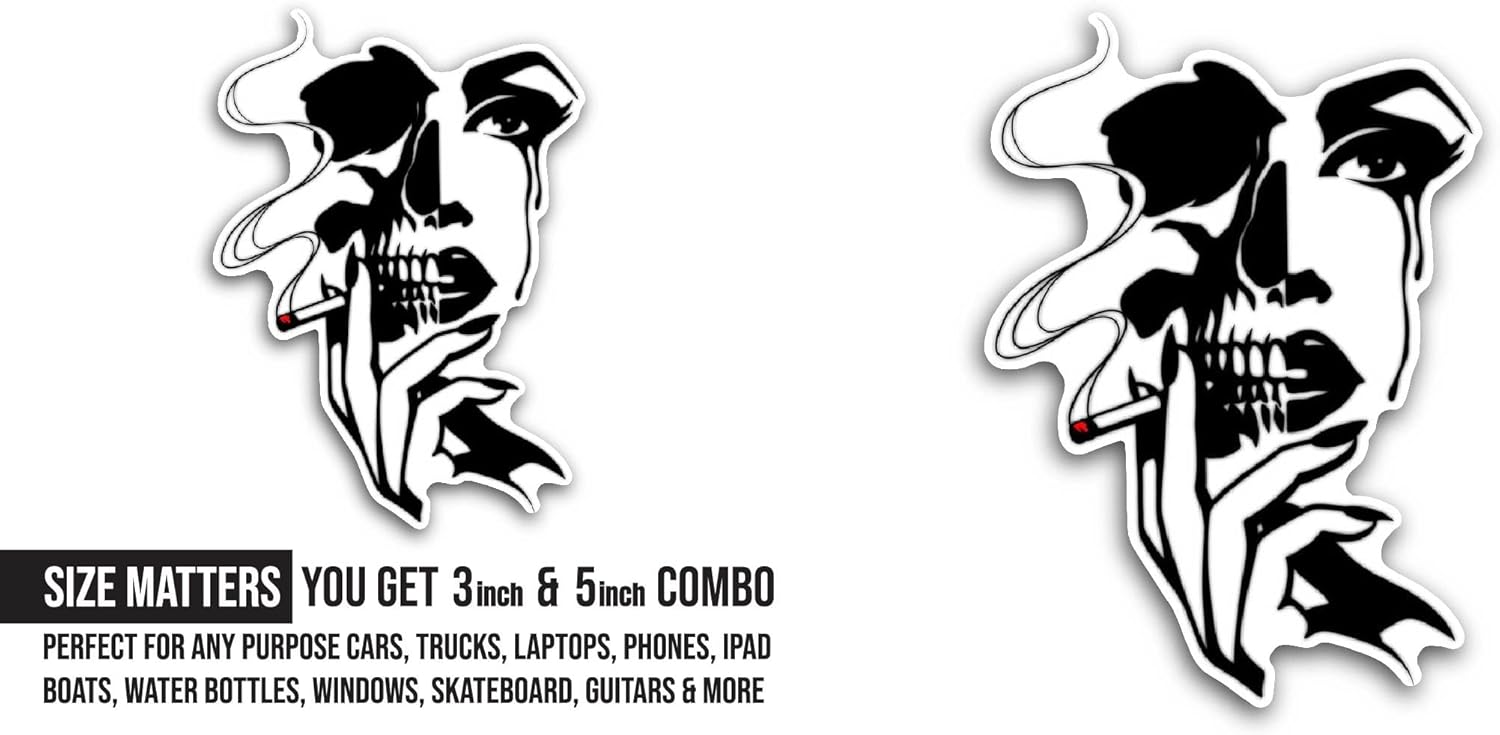 2 (Pieces) 3" and 5" Smoking Skull Sticker, Waterproof Vinyl Decals for Many Purpose Like Cars, Trucks, Laptops, Phones, Windows and More