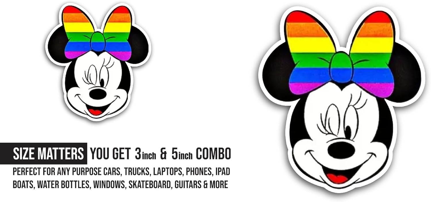 2 (Pieces) 3" and 5" Mouse Wearing Rainbow Bow Sticker, Waterproof Vinyl Decals for Many Purpose Like Cars, Trucks, Laptops, Phones, Windows and More