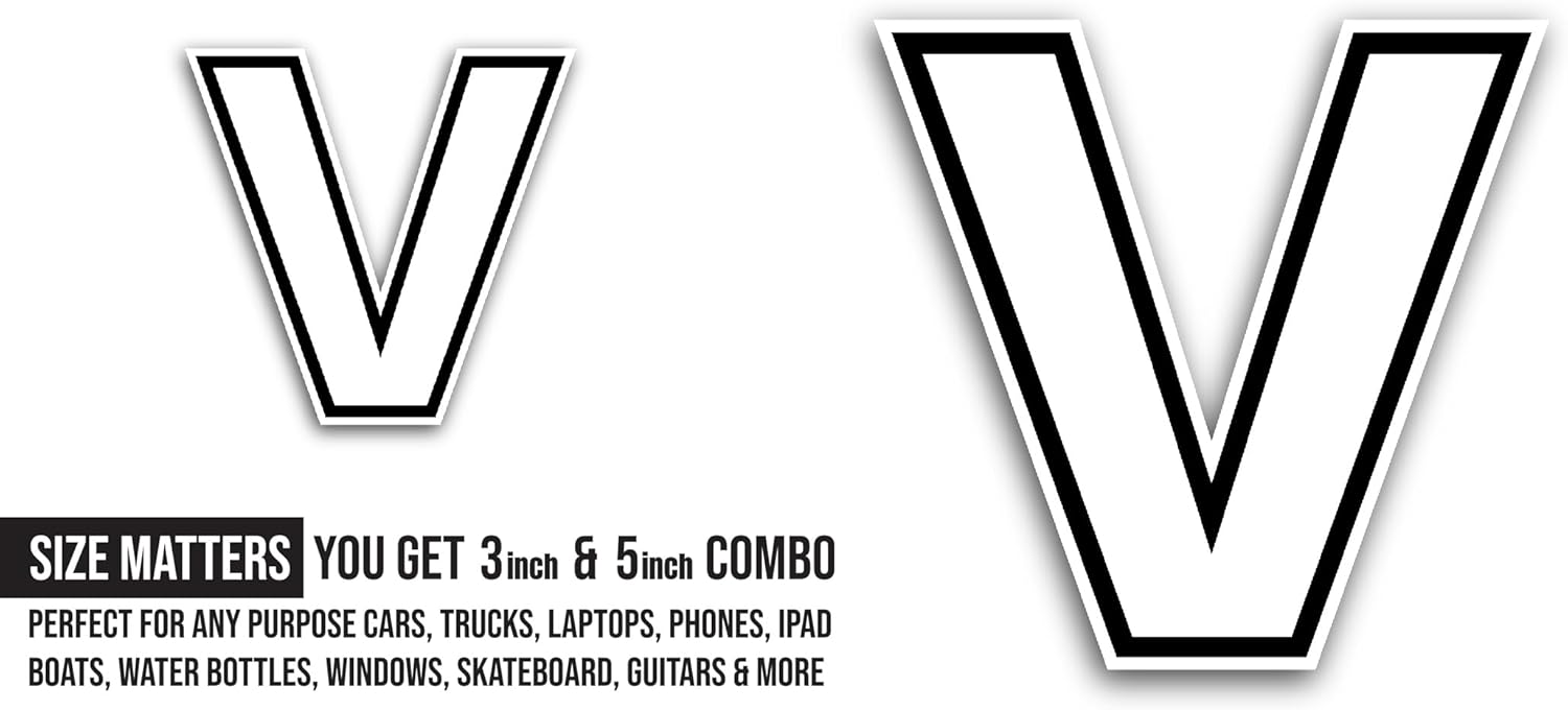 2 (Pieces) 3" and 5" Letter V Sticker, Waterproof Vinyl Decals for Many Purpose Like Cars, Trucks, Laptops, Phones, Windows and More