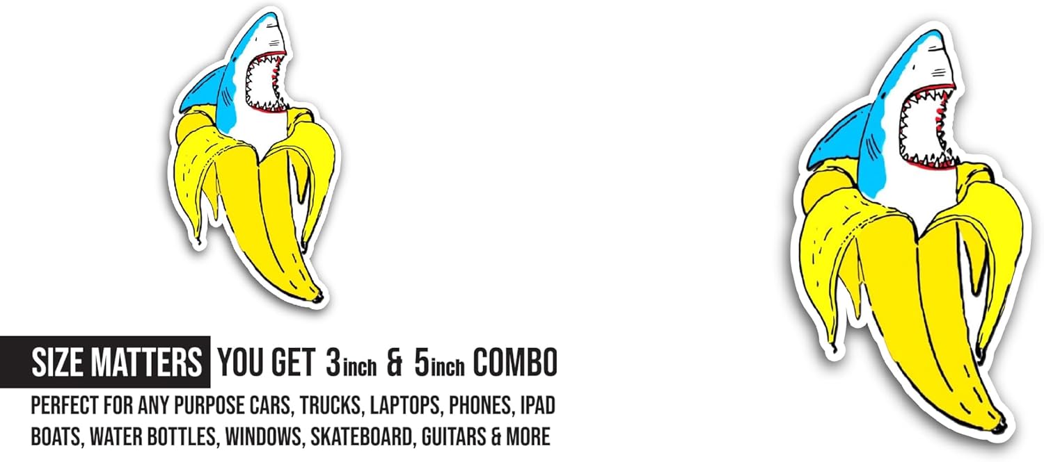 2 (Pieces) 3" and 5" Banana Shark Sticker, Waterproof Vinyl Decals for Many Purpose Like Cars, Trucks, Laptops, Phones, Windows and More
