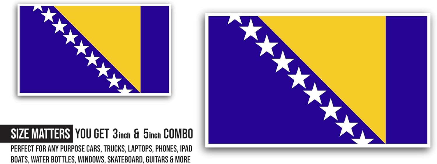 2 (Pieces) 3" and 5" Bosnia and Herzegovina Flag Sticker, Waterproof Vinyl Decals for Many Purpose Like Cars, Trucks, Laptops, Phones, Windows and More