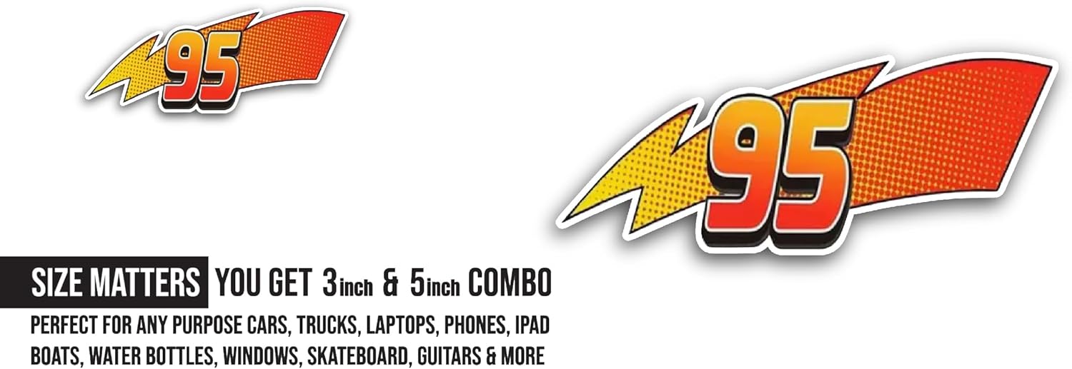 2 (Pieces) 3" and 5" Lightning McQueen 95 Sticker, Waterproof Vinyl Decals for Many Purpose Like Cars, Trucks, Laptops, Phones, Windows and More