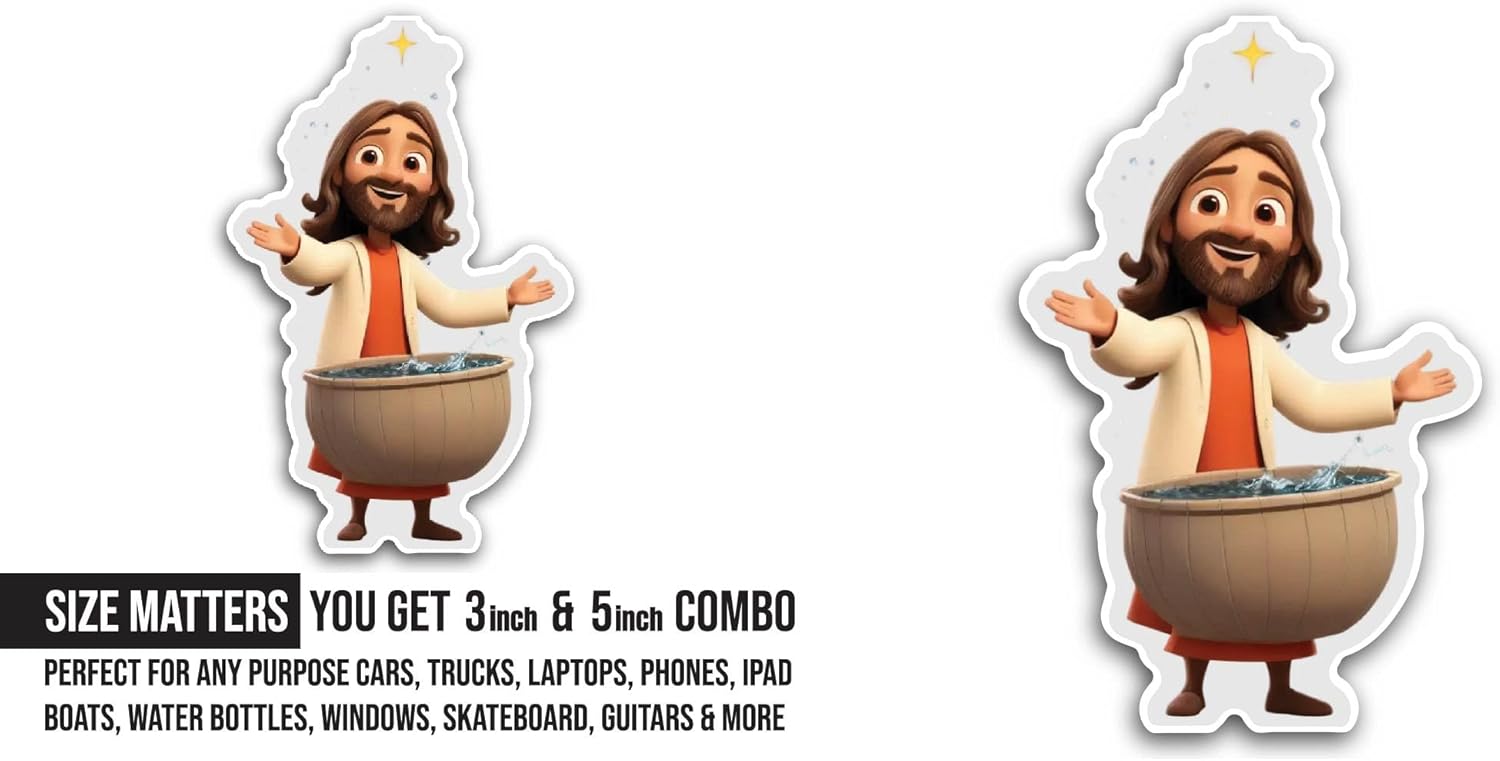 2 (Pieces) 3" and 5" Jesus Cartoon Sticker, Waterproof Vinyl Decals for Many Purpose Like Cars, Trucks, Laptops, Phones, Windows and More