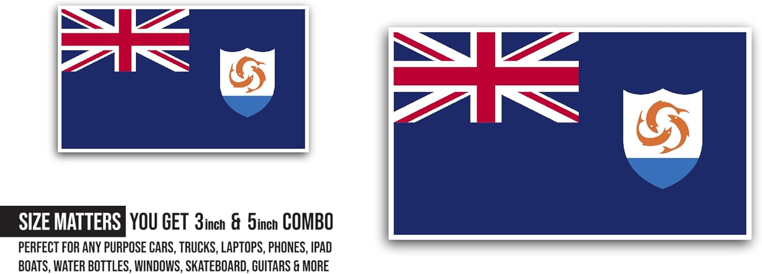 2 (Pieces) 3" and 5" Anguilla Flag Sticker, Waterproof Vinyl Decals for Many Purpose Like Cars, Trucks, Laptops, Phones, Windows and More