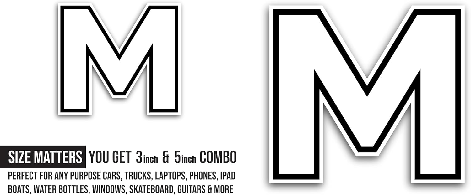 2 (Pieces) 3" and 5" Letter M Sticker, Waterproof Vinyl Decals for Many Purpose Like Cars, Trucks, Laptops, Phones, Windows and More