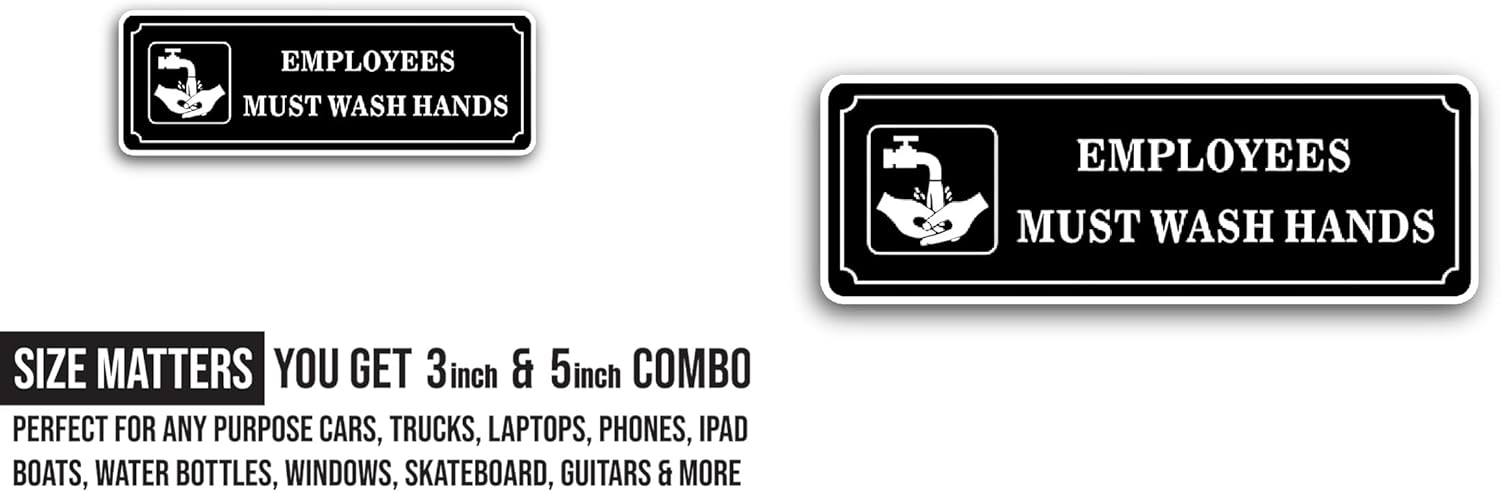 2 (Pieces) 3" and 5" Employees Must Wash Hands Sticker, Waterproof Vinyl Decals for Many Purpose Like Cars, Trucks, Laptops, Phones, Windows and More