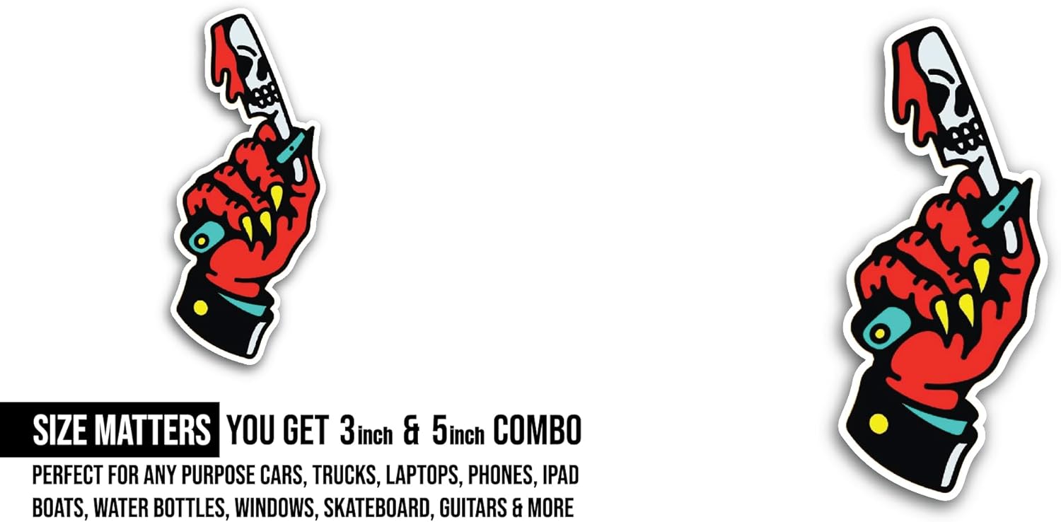 2 (Pieces) 3" and 5" Red Devil Hand Sticker, Waterproof Vinyl Decals for Many Purpose Like Cars, Trucks, Laptops, Phones, Windows and More