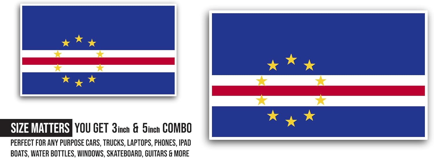 2 (Pieces) 3" and 5" Cape Verde Flag Sticker, Waterproof Vinyl Decals for Many Purpose Like Cars, Trucks, Laptops, Phones, Windows and More