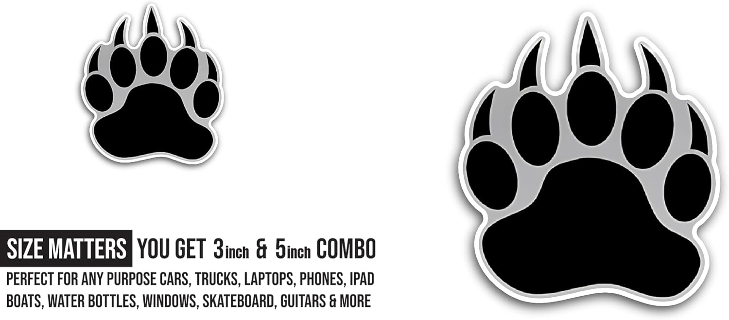 2 (Pieces) 3" and 5" Bear Paw Sticker, Waterproof Vinyl Decals for Many Purpose Like Cars, Trucks, Laptops, Phones, Windows and More