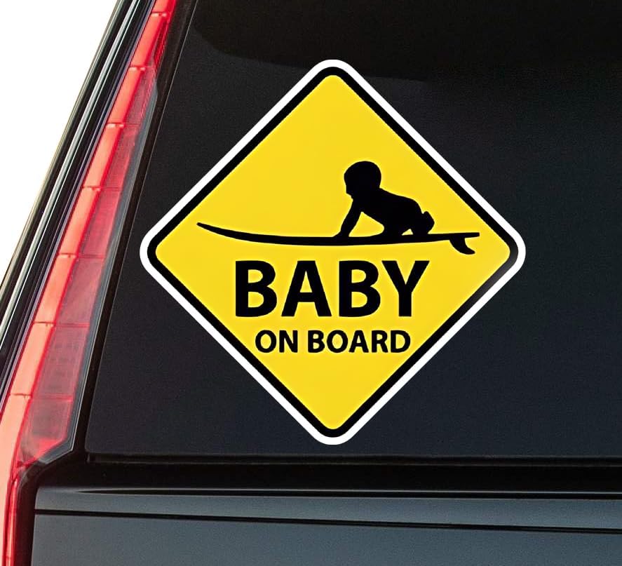 Surfing Baby On Board Window Vinyl Decal Sticker 6" (White), Waterproof Vinyl Decals for Many Purpose Like Cars, Trucks, Laptops, Phones, Windows and More