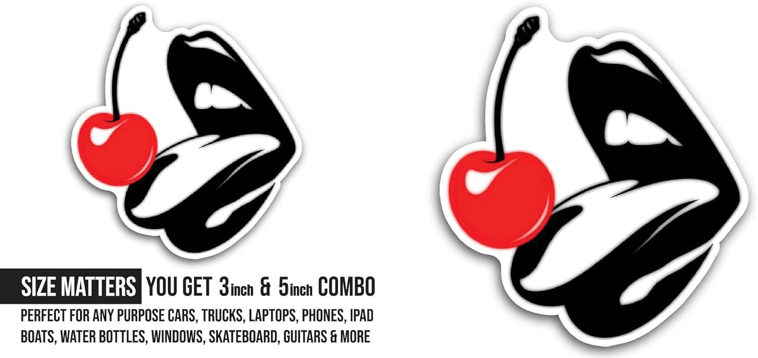 2 (Pieces) 3" and 5" Women's Lips with Cherry Sticker, Waterproof Vinyl Decals for Many Purpose Like Cars, Trucks, Laptops, Phones, Windows and More
