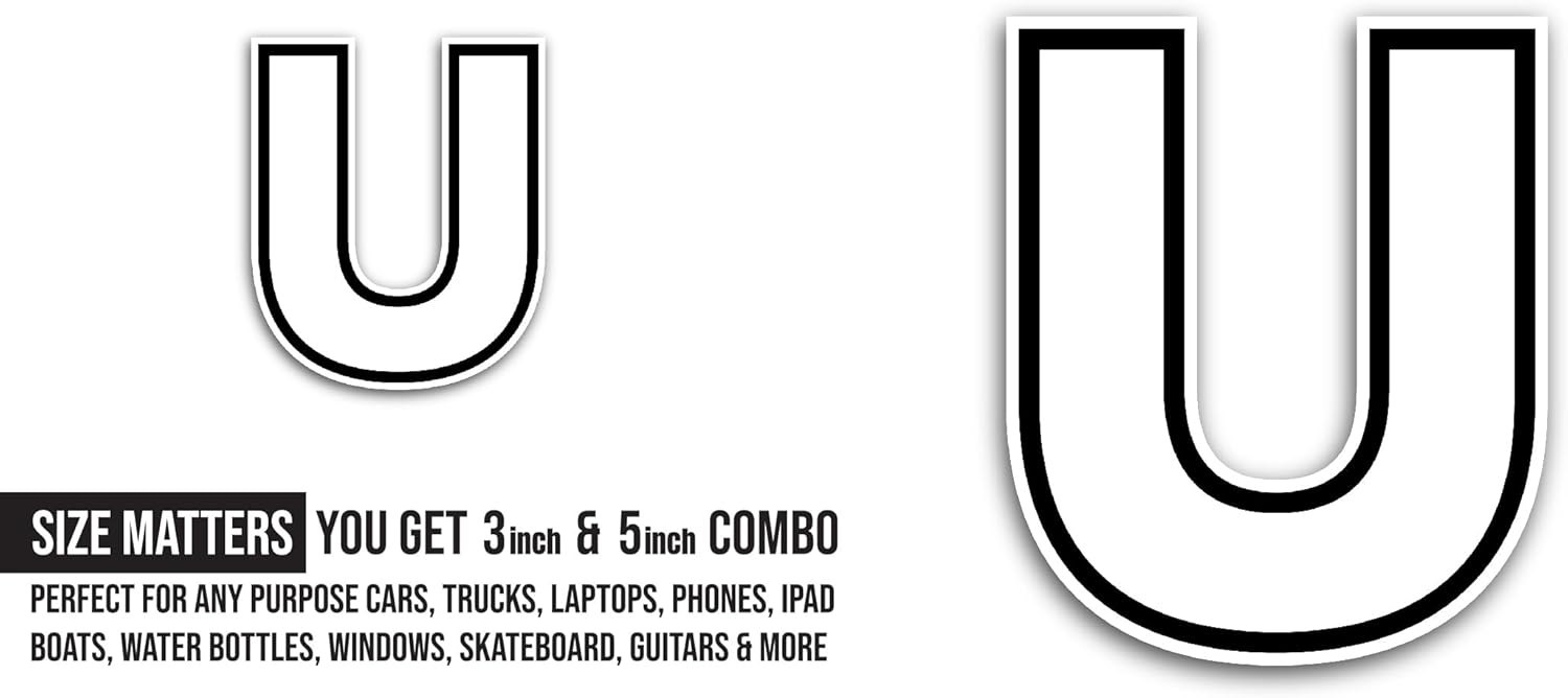 2 (Pieces) 3" and 5" Letter U Sticker, Waterproof Vinyl Decals for Many Purpose Like Cars, Trucks, Laptops, Phones, Windows and More