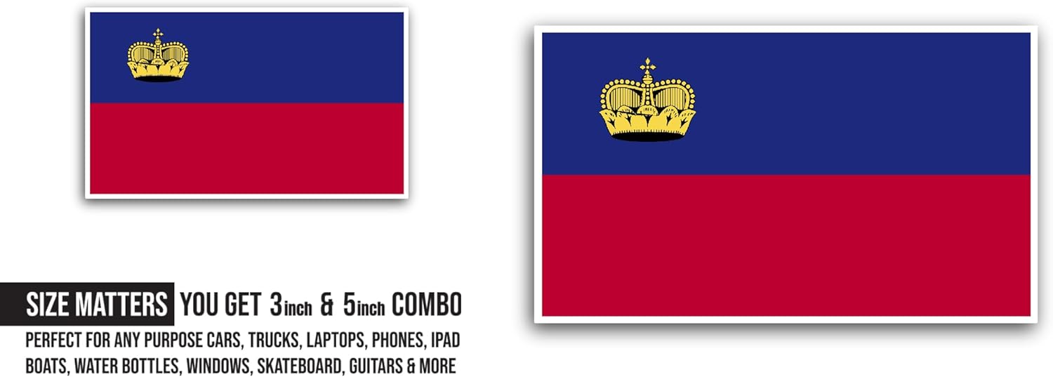 2 (Pieces) 3" and 5" Liechtenstein Flag Sticker, Waterproof Vinyl Decals for Many Purpose Like Cars, Trucks, Laptops, Phones, Windows and More