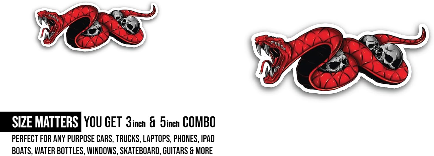2 (Pieces) 3" and 5" Skull and Cobra Sticker, Waterproof Vinyl Decals for Many Purpose Like Cars, Trucks, Laptops, Phones, Windows and More
