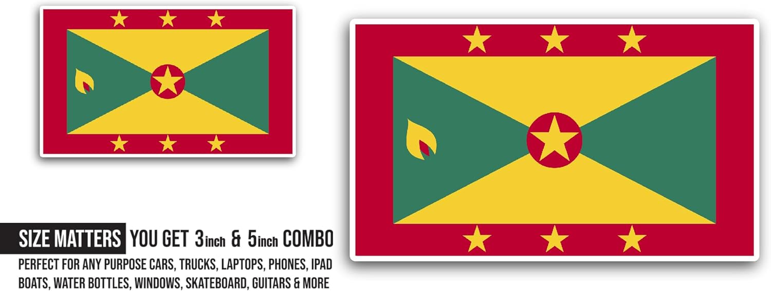 2 (Pieces) 3" and 5" Grenada Flag Sticker, Waterproof Vinyl Decals for Many Purpose Like Cars, Trucks, Laptops, Phones, Windows and More