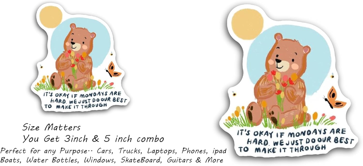 2 (Pieces) 3" and 5" Cute Bear with Flowers Sticker, Waterproof Vinyl Decals for Many Purpose Like Cars, Trucks, Laptops, Phones, Windows and More