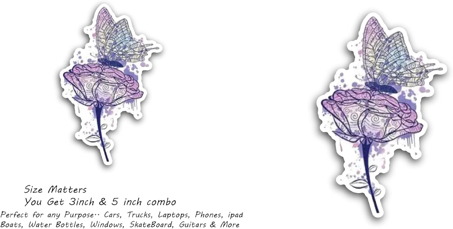 2 (Pieces) 3" and 5" Rose and Butterfly Sticker, Waterproof Vinyl Decals for Many Purpose Like Cars, Trucks, Laptops, Phones, Windows and More