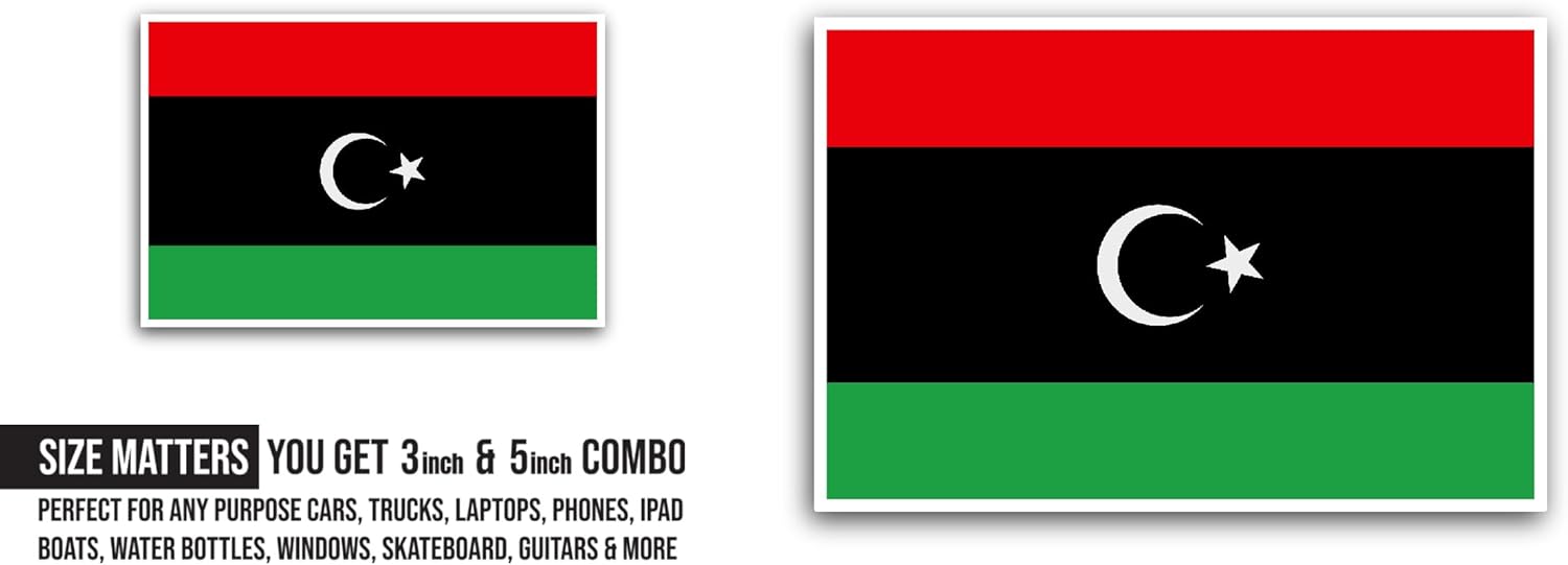 2 (Pieces) 3" and 5" Libya Flag Sticker, Waterproof Vinyl Decals for Many Purpose Like Cars, Trucks, Laptops, Phones, Windows and More