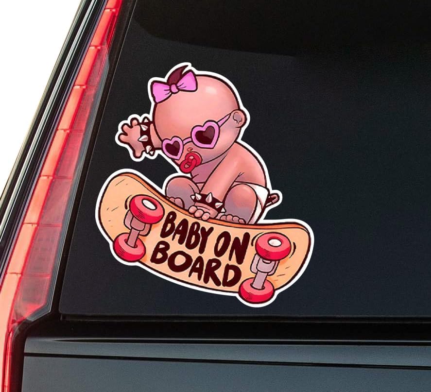 Cute Skating Baby On Board Window Vinyl Decal Sticker 6" (White), Waterproof Vinyl Decals for Many Purpose Like Cars, Trucks, Laptops, Phones, Windows and More