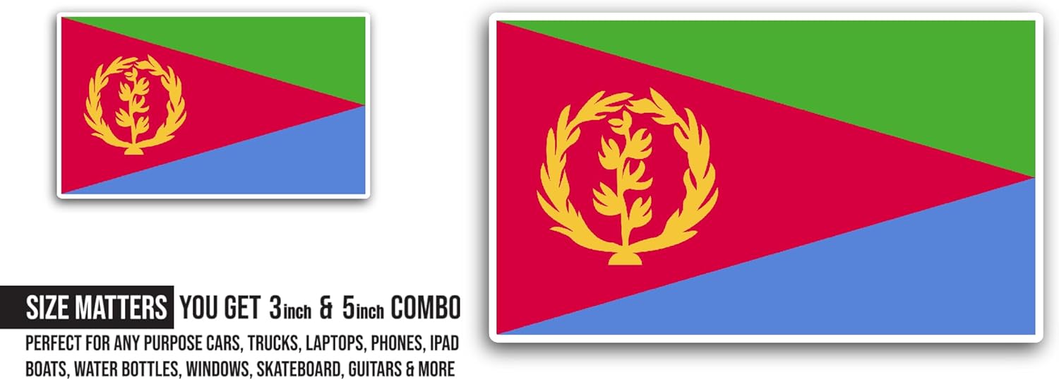 2 (Pieces) 3" and 5" Eritrea Flag Sticker, Waterproof Vinyl Decals for Many Purpose Like Cars, Trucks, Laptops, Phones, Windows and More