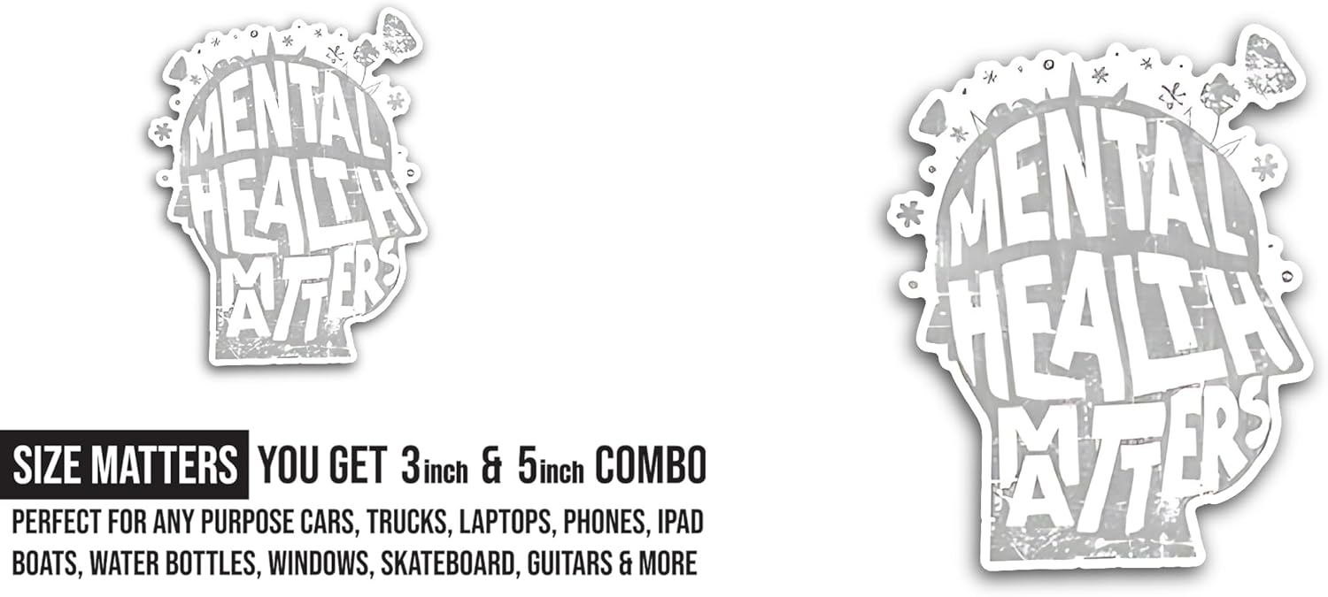 2 (Pieces) 3" and 5" Mental Health Text Sticker, Waterproof Vinyl Decals for Many Purpose Like Cars, Trucks, Laptops, Phones, Windows and More