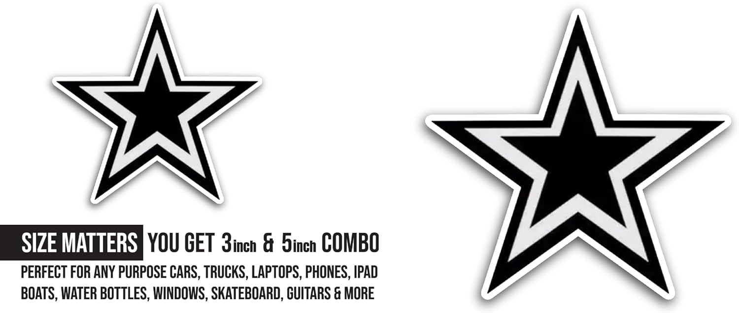 2 (Pieces) 3" and 5" Black and White Star Sticker, Waterproof Vinyl Decals for Many Purpose Like Cars, Trucks, Laptops, Phones, Windows and More