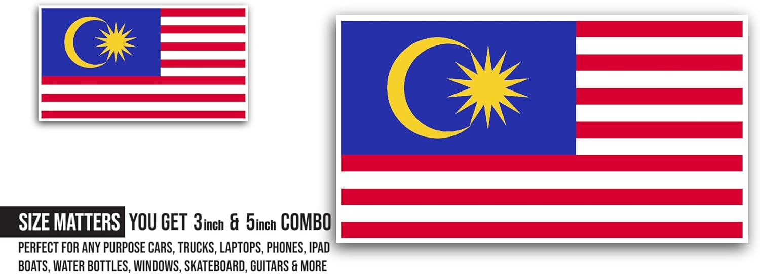 2 (Pieces) 3" and 5" Malaysia Flag Sticker, Waterproof Vinyl Decals for Many Purpose Like Cars, Trucks, Laptops, Phones, Windows and More