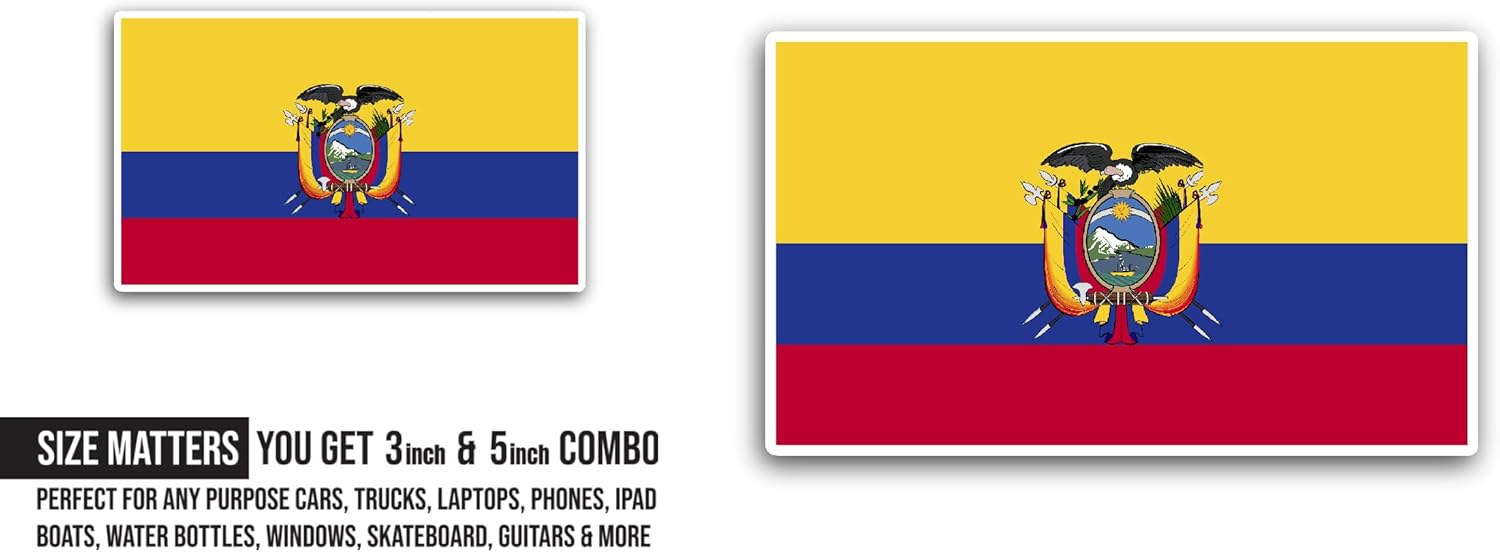 2 (Pieces) 3" and 5" Ecuador Flag Sticker, Waterproof Vinyl Decals for Many Purpose Like Cars, Trucks, Laptops, Phones, Windows and More