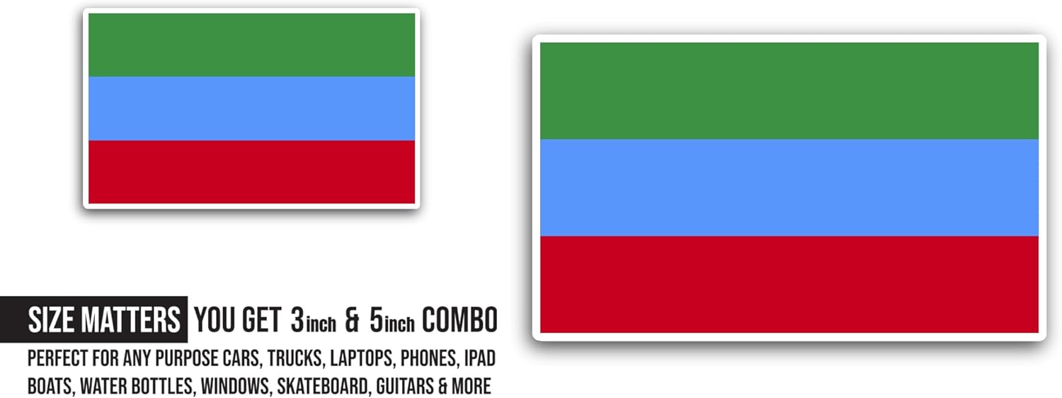 2 (Pieces) 3" and 5" Dagestan Flag Sticker, Waterproof Vinyl Decals for Many Purpose Like Cars, Trucks, Laptops, Phones, Windows and More