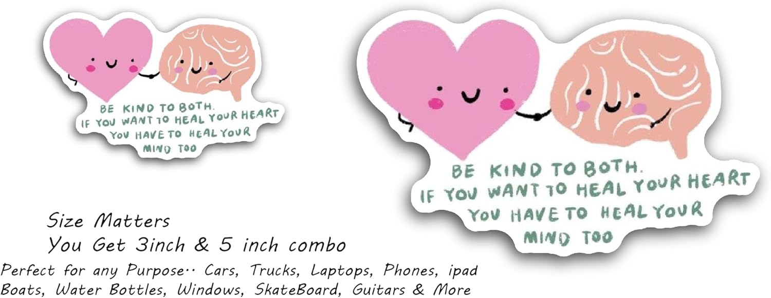 2 (Pieces) 3" and 5" Brain and Heart Sticker, Waterproof Vinyl Decals for Many Purpose Like Cars, Trucks, Laptops, Phones, Windows and More