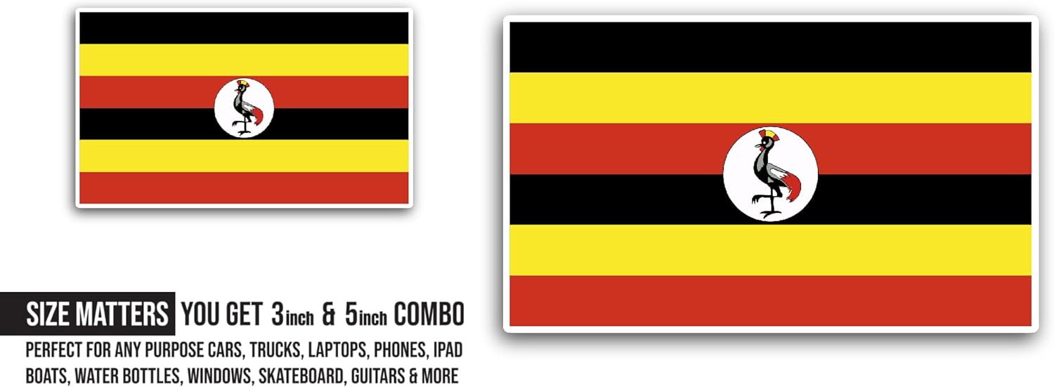 2 (Pieces) 3" and 5" Uganda Flag Sticker, Waterproof Vinyl Decals for Many Purpose Like Cars, Trucks, Laptops, Phones, Windows and More
