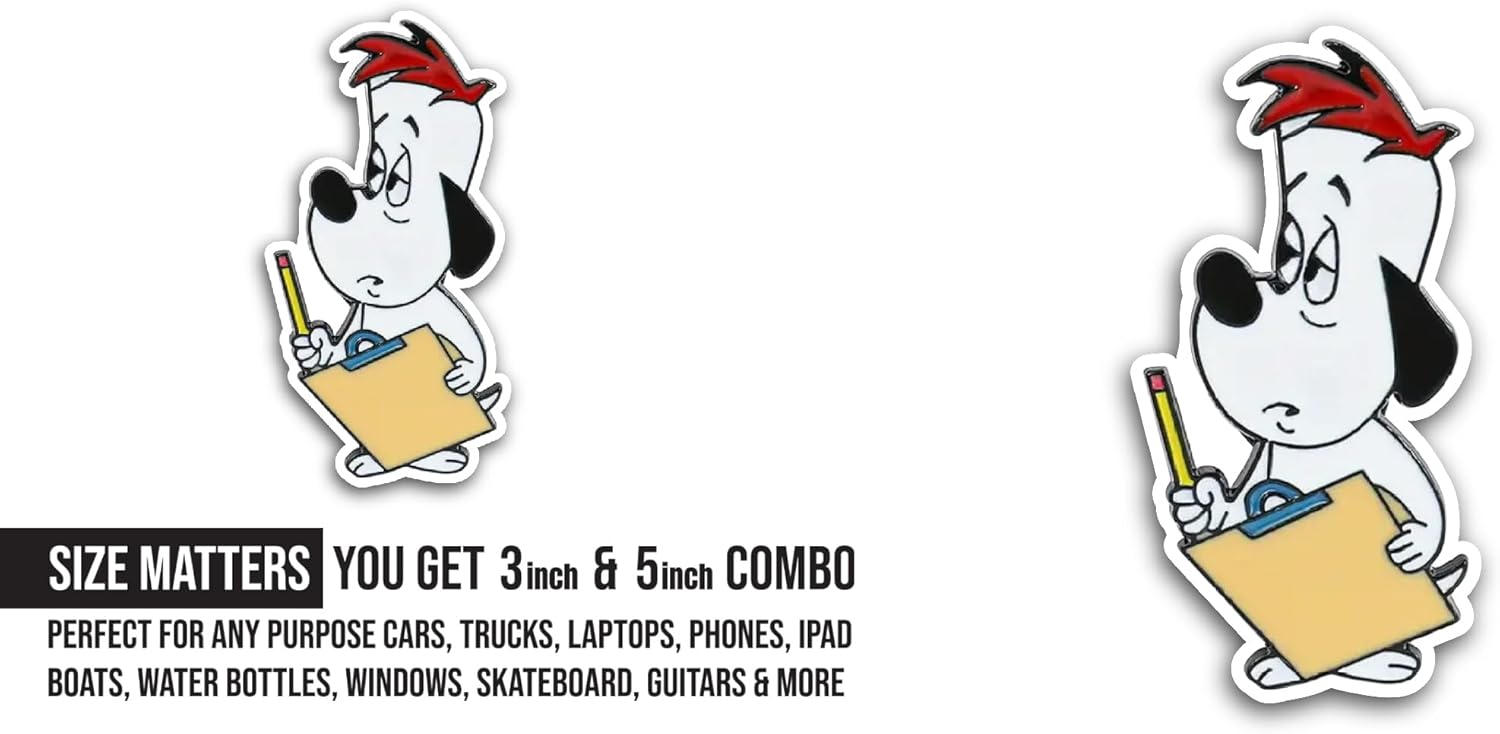 2 (Pieces) 3" and 5" White Dog with Pencil Sticker, Waterproof Vinyl Decals for Many Purpose Like Cars, Trucks, Laptops, Phones, Windows and More
