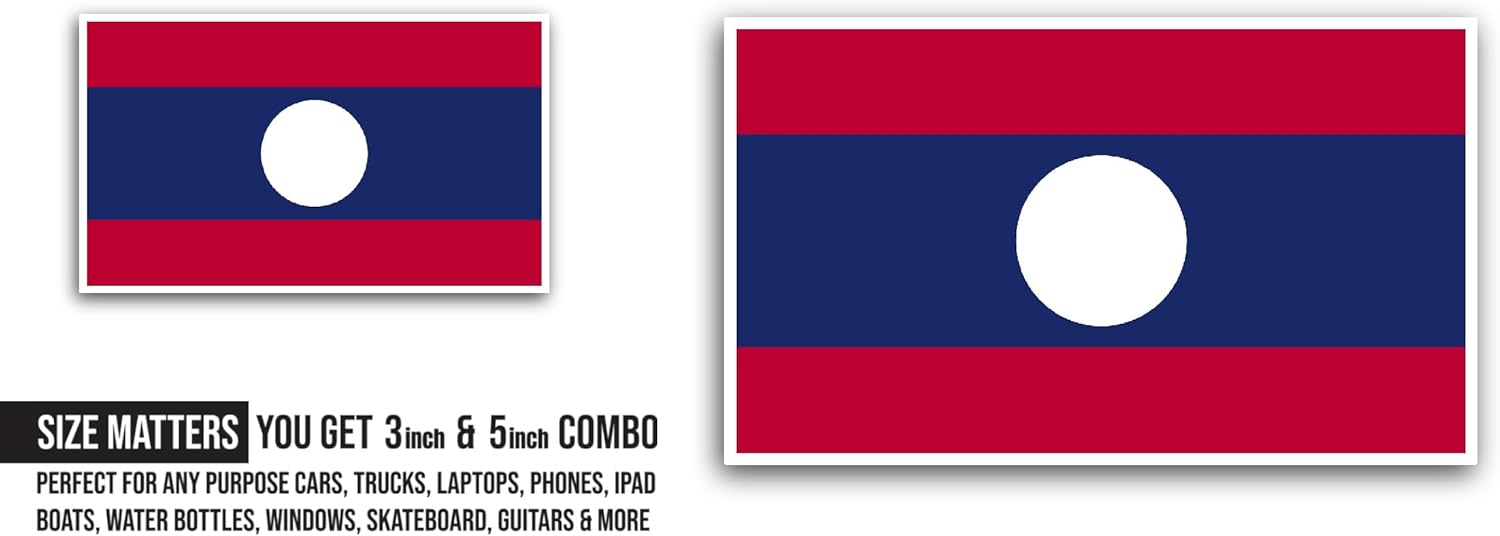 2 (Pieces) 3" and 5" Laos Flag Sticker, Waterproof Vinyl Decals for Many Purpose Like Cars, Trucks, Laptops, Phones, Windows and More