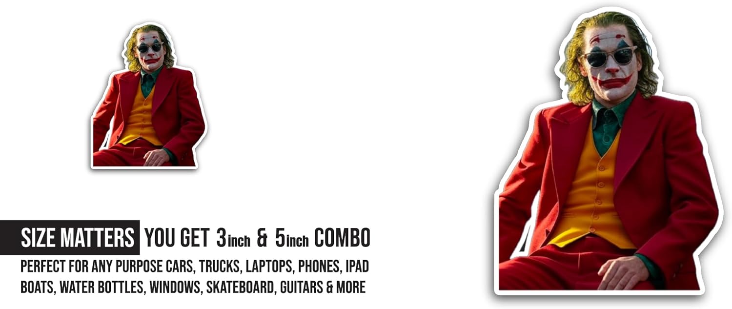 2 (Pieces) 3" and 5" Joker Art Sticker, Waterproof Vinyl Decals for Many Purpose Like Cars, Trucks, Laptops, Phones, Windows and More