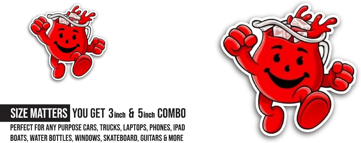 2 (Pieces) 3" and 5" K00l-Aid Man Sticker, Waterproof Vinyl Decals for Many Purpose Like Cars, Trucks, Laptops, Phones, Windows and More