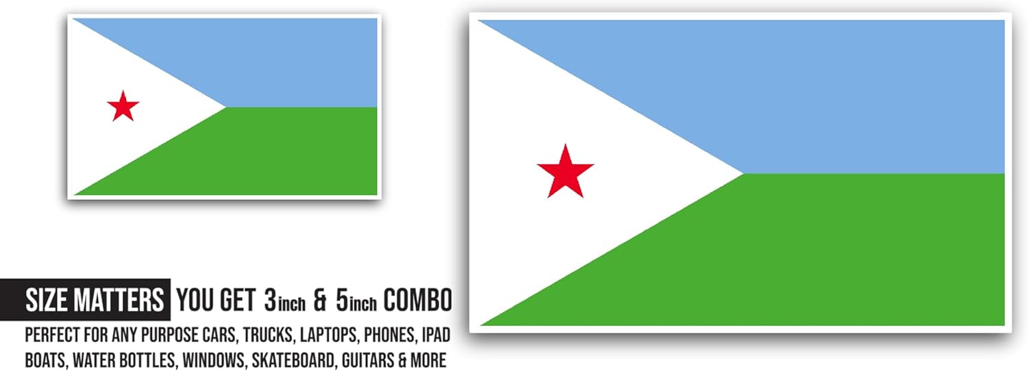 2 (Pieces) 3" and 5" Djibouti Flag Sticker, Waterproof Vinyl Decals for Many Purpose Like Cars, Trucks, Laptops, Phones, Windows and More