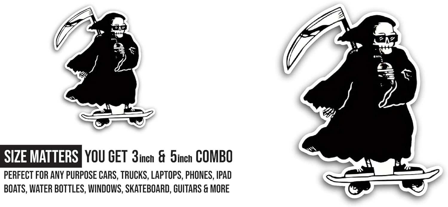 2 (Pieces) 3" and 5" Skateboarding Grim Reaper Sticker, Waterproof Vinyl Decals for Many Purpose Like Cars, Trucks, Laptops, Phones, Windows and More