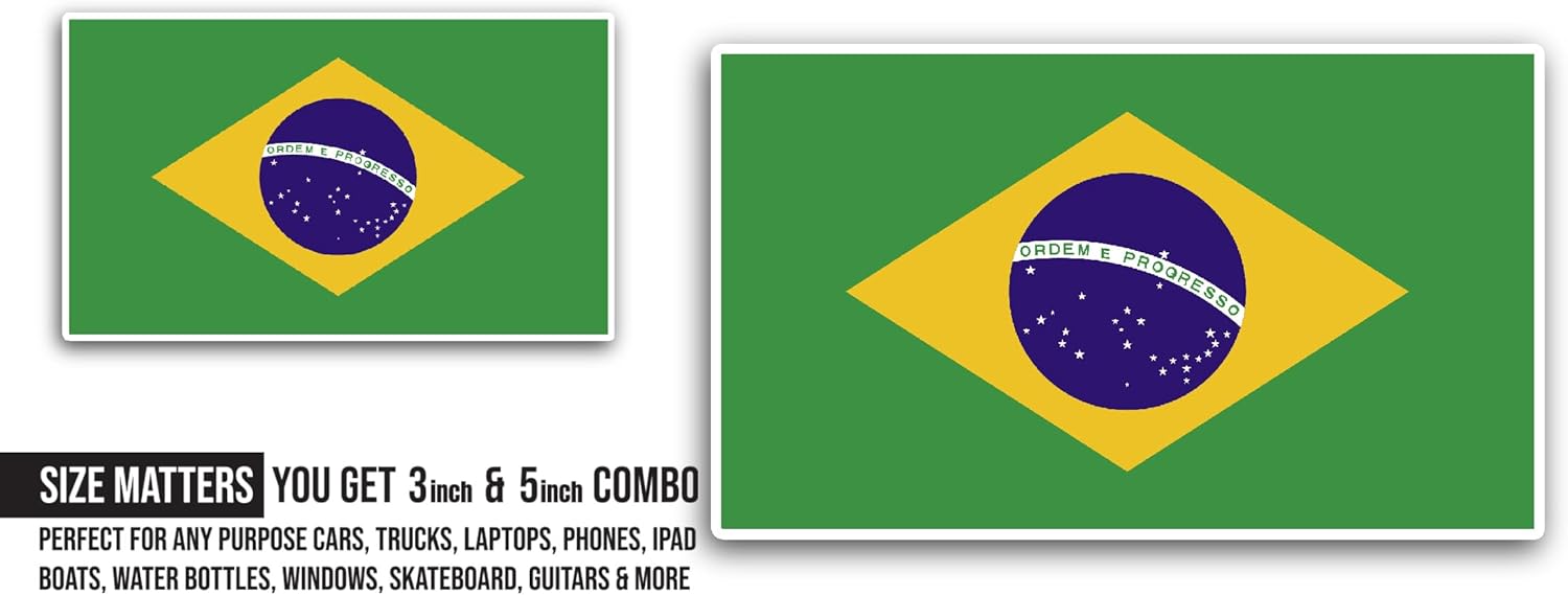 2 (Pieces) 3" and 5" Brazil Flag Sticker, Waterproof Vinyl Decals for Many Purpose Like Cars, Trucks, Laptops, Phones, Windows and More