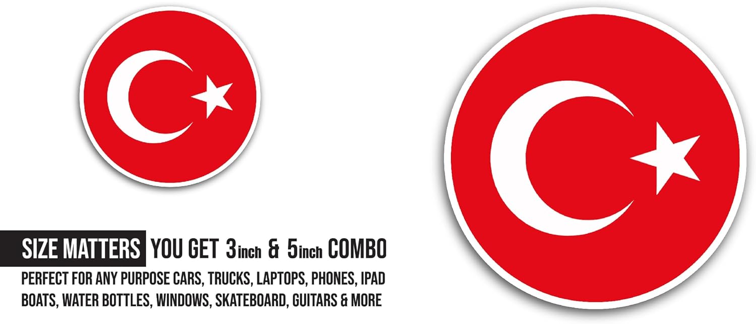 2 (Pieces) 3" and 5" Flag of Turkiye Sticker, Waterproof Vinyl Decals for Many Purpose Like Cars, Trucks, Laptops, Phones, Windows and More