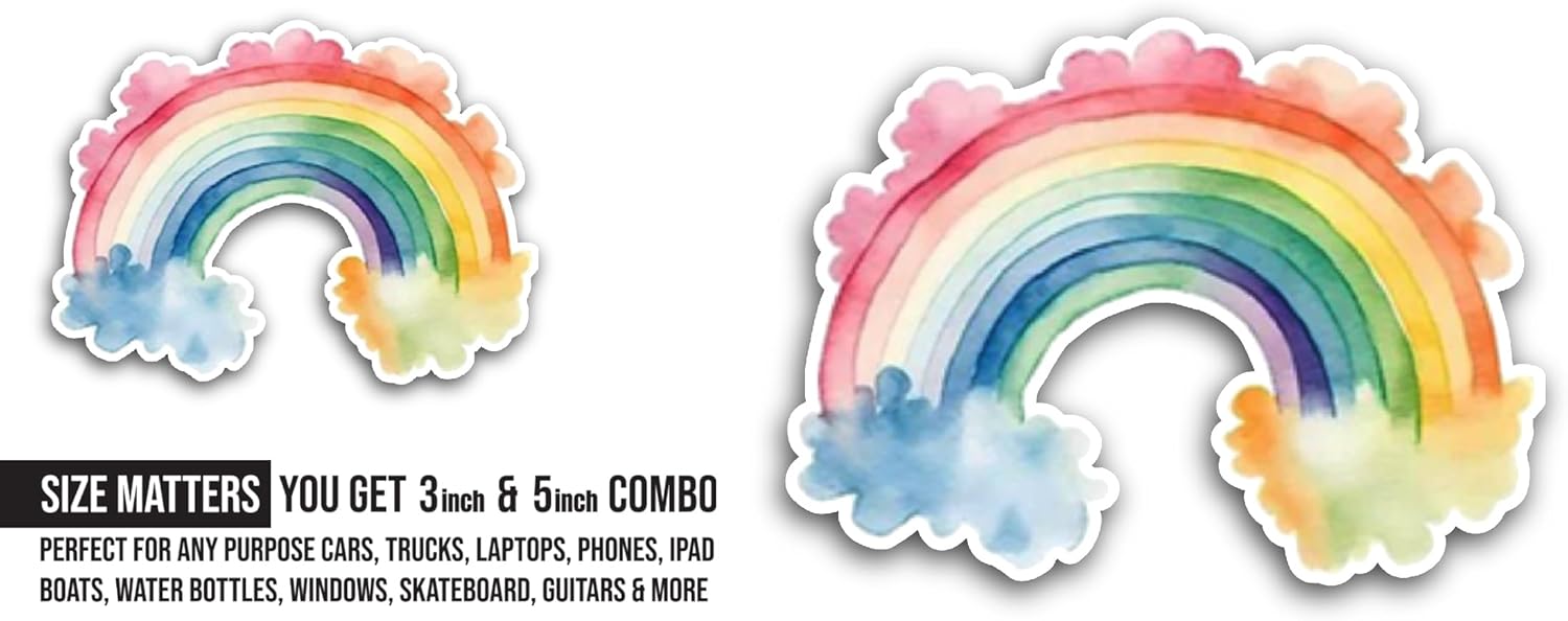 2 (Pieces) 3" and 5" Watercolor Rainbow Sticker, Waterproof Vinyl Decals for Many Purpose Like Cars, Trucks, Laptops, Phones, Windows and More