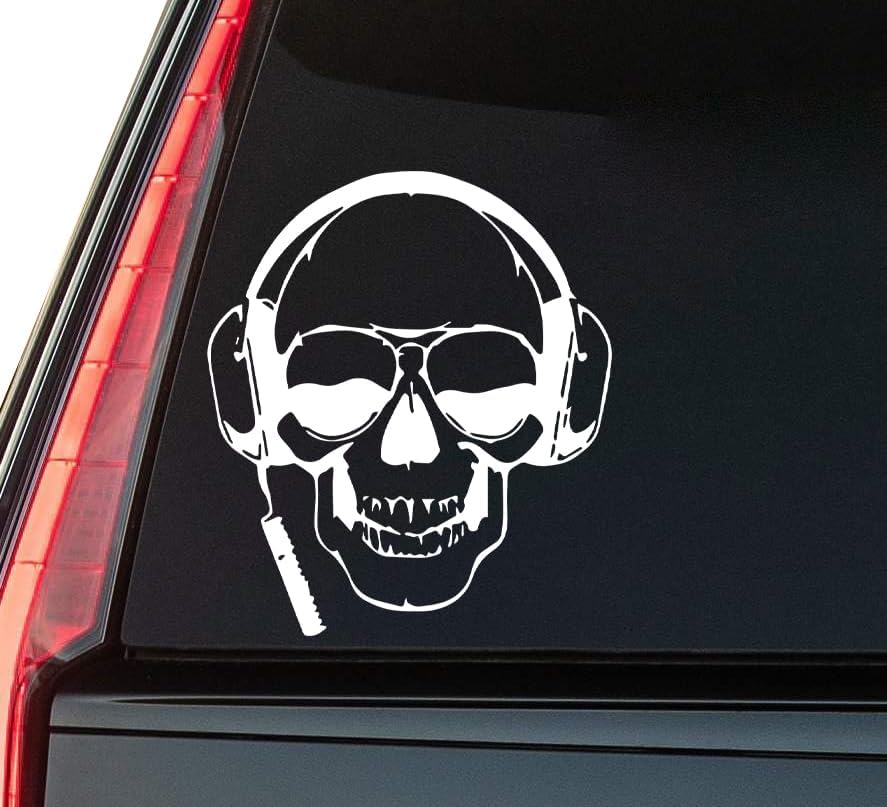 Skull with Headset Window Vinyl Decal Sticker 6" (White), Waterproof Vinyl Decals for Many Purpose Like Cars, Trucks, Laptops, Phones, Windows and More