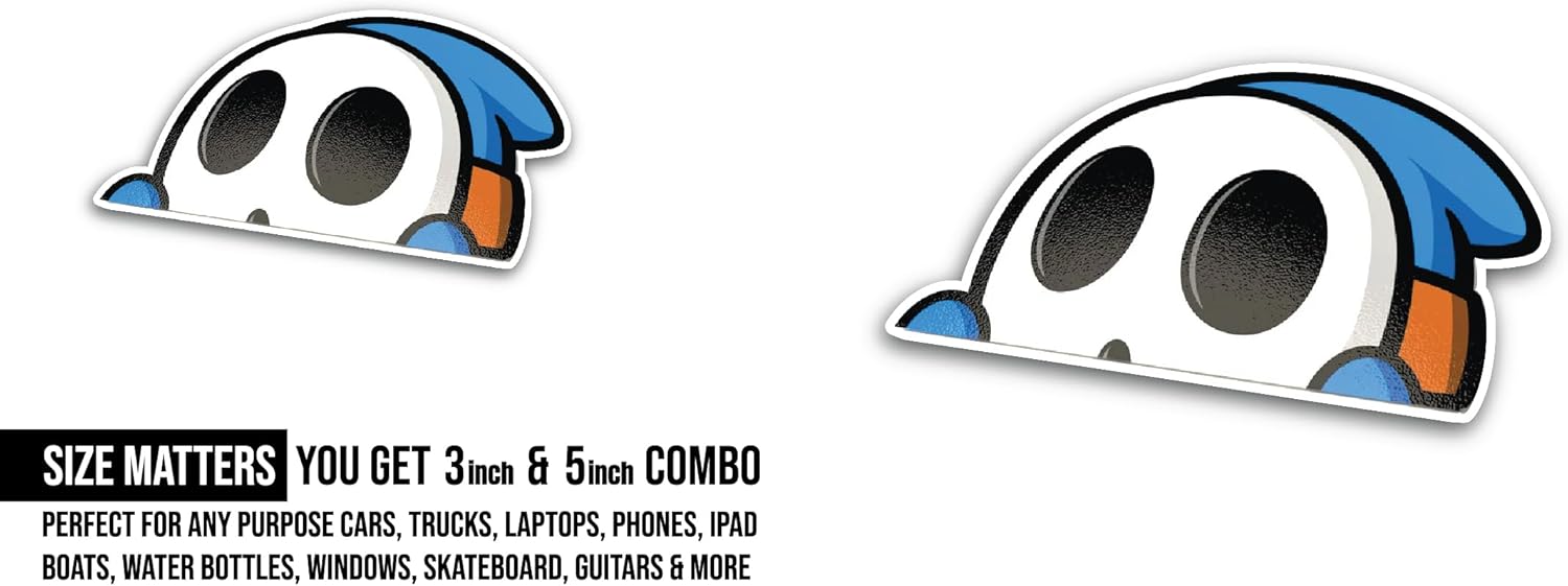 2 (Pieces) 3" and 5" Blue Cartoon Character Peeking Sticker, Waterproof Vinyl Decals for Many Purpose Like Cars, Trucks, Laptops, Phones, Windows and More