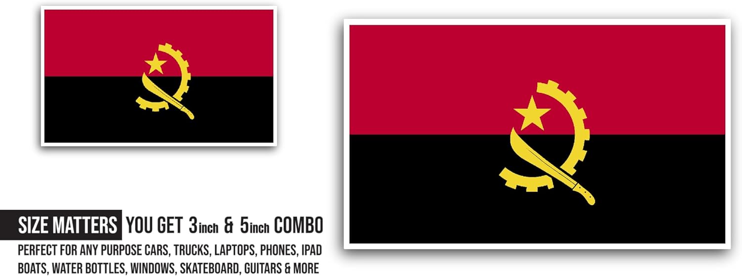 2 (Pieces) 3" and 5" Angola Flag Sticker, Waterproof Vinyl Decals for Many Purpose Like Cars, Trucks, Laptops, Phones, Windows and More