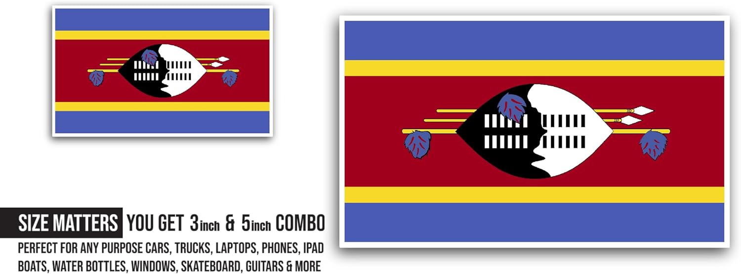 2 (Pieces) 3" and 5" Swaziland Flag Sticker, Waterproof Vinyl Decals for Many Purpose Like Cars, Trucks, Laptops, Phones, Windows and More