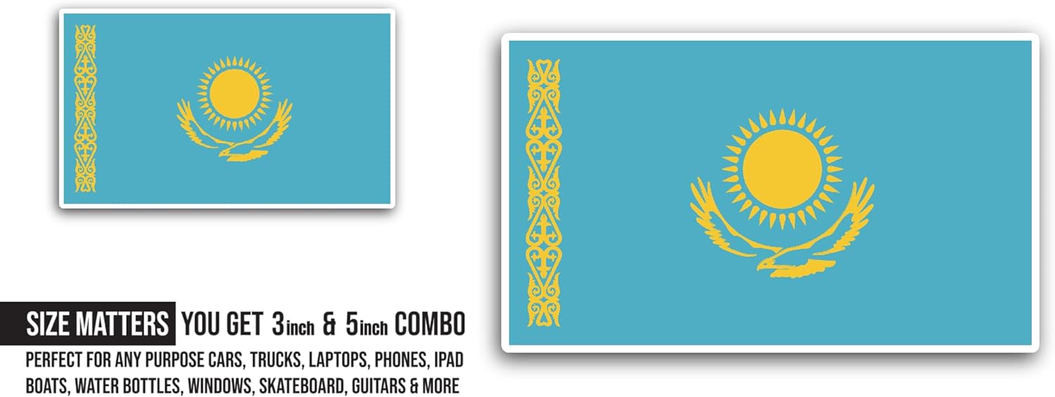 2 (Pieces) 3" and 5" Kazakhstan Flag Sticker, Waterproof Vinyl Decals for Many Purpose Like Cars, Trucks, Laptops, Phones, Windows and More