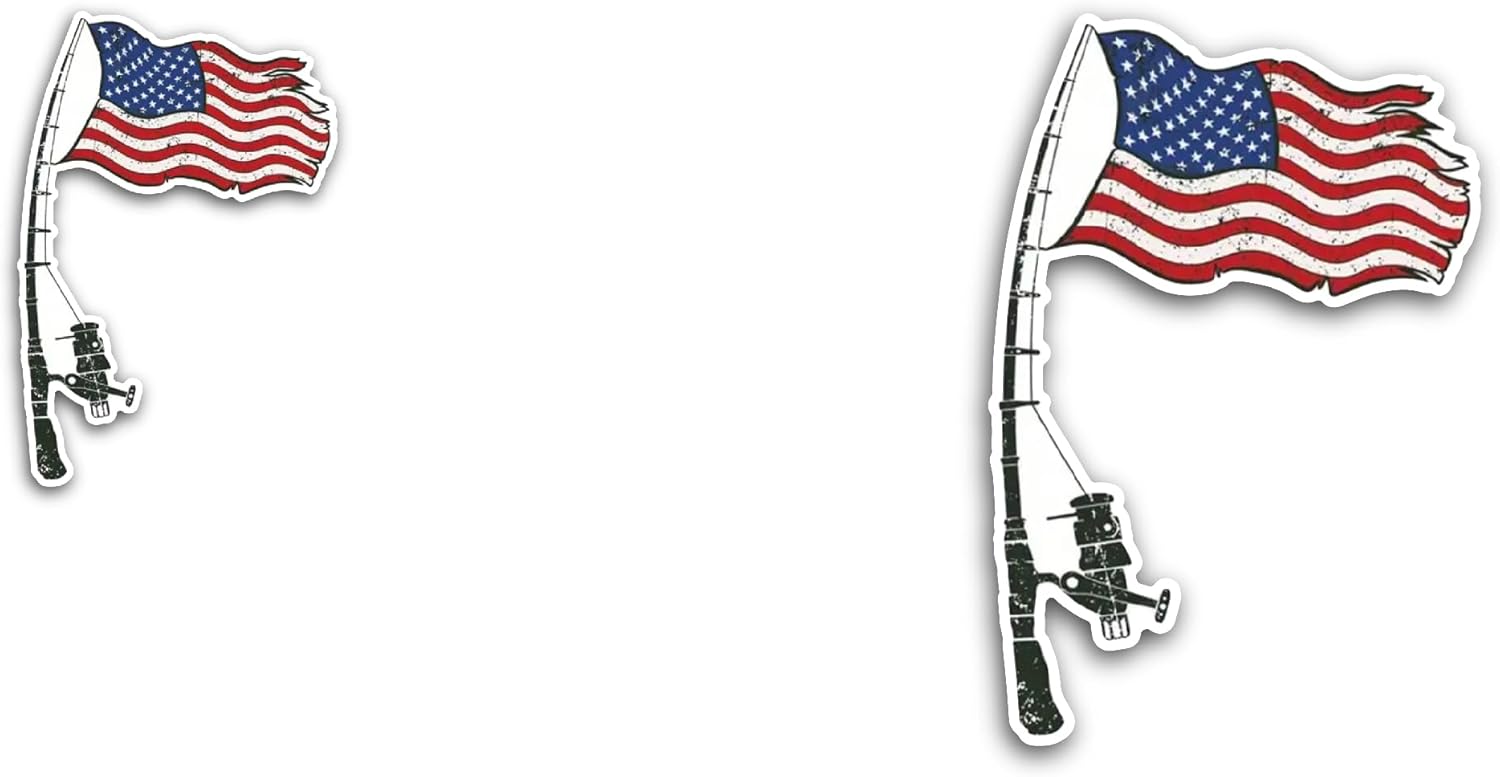2 (Pieces) 3" and 5" Fishing Rod American Flag Sticker, Waterproof Vinyl Decals for Many Purpose Like Cars, Trucks, Laptops, Phones, Windows and More
